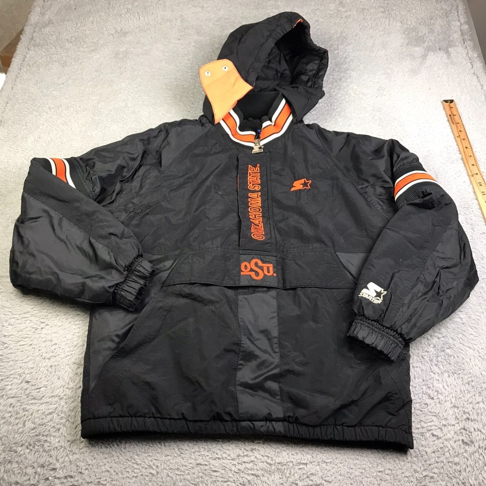 Vintage OSU Oklahoma State Starter Jacket Mens XL Blk 1/2 Zip Hooded Windbreaker